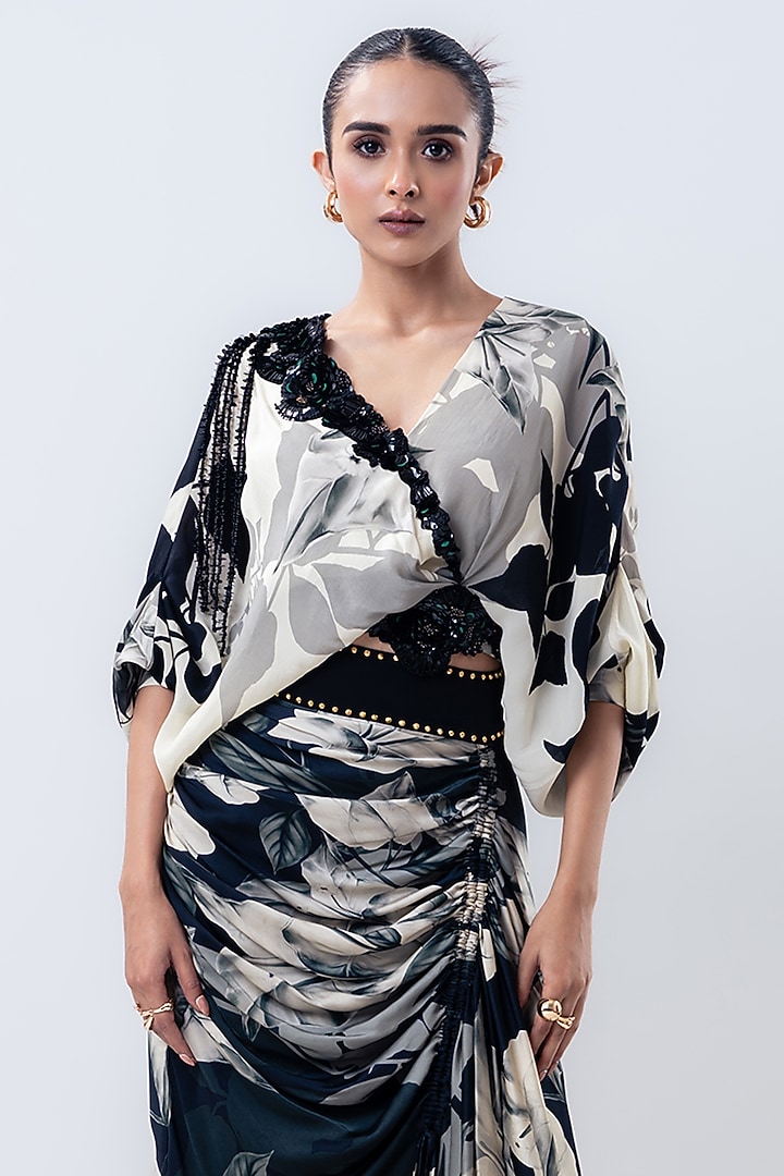 Black Crepe & Satin Printed Skirt Set by Nupur Kanoi at Pernia's Pop Up Shop