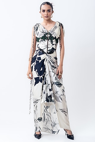 Off-White Crepe & Satin Printed Skirt Set by Nupur Kanoi