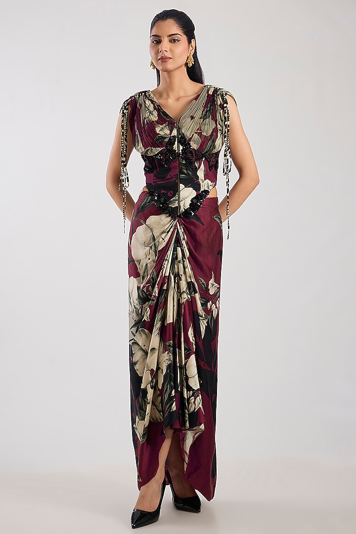 Wine Satin Digital Printed Pick-Up Skirt Set by Nupur Kanoi at Pernia's Pop Up Shop