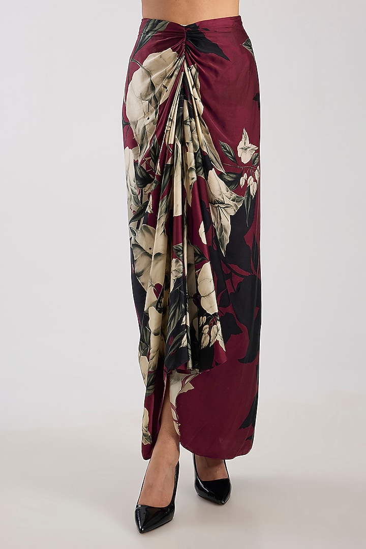 Wine Satin Digital Printed Pick-Up Skirt Set by Nupur Kanoi at Pernia's Pop Up Shop