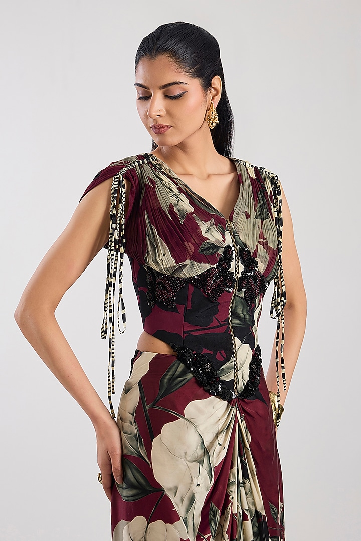 Wine Satin Digital Printed Pick-Up Skirt Set by Nupur Kanoi at Pernia's Pop Up Shop