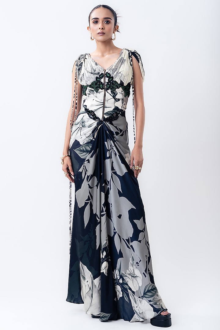 Black Crepe & Satin Printed Skirt Set by Nupur Kanoi at Pernia's Pop Up Shop