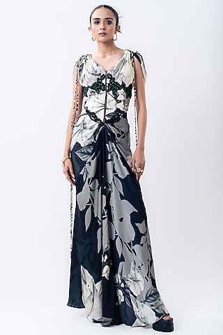 Black Crepe & Satin Printed Skirt Set by Nupur Kanoi