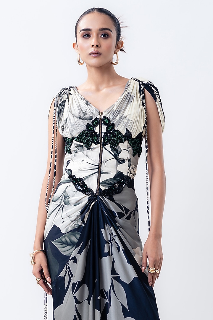 Black Crepe & Satin Printed Skirt Set by Nupur Kanoi at Pernia's Pop Up Shop