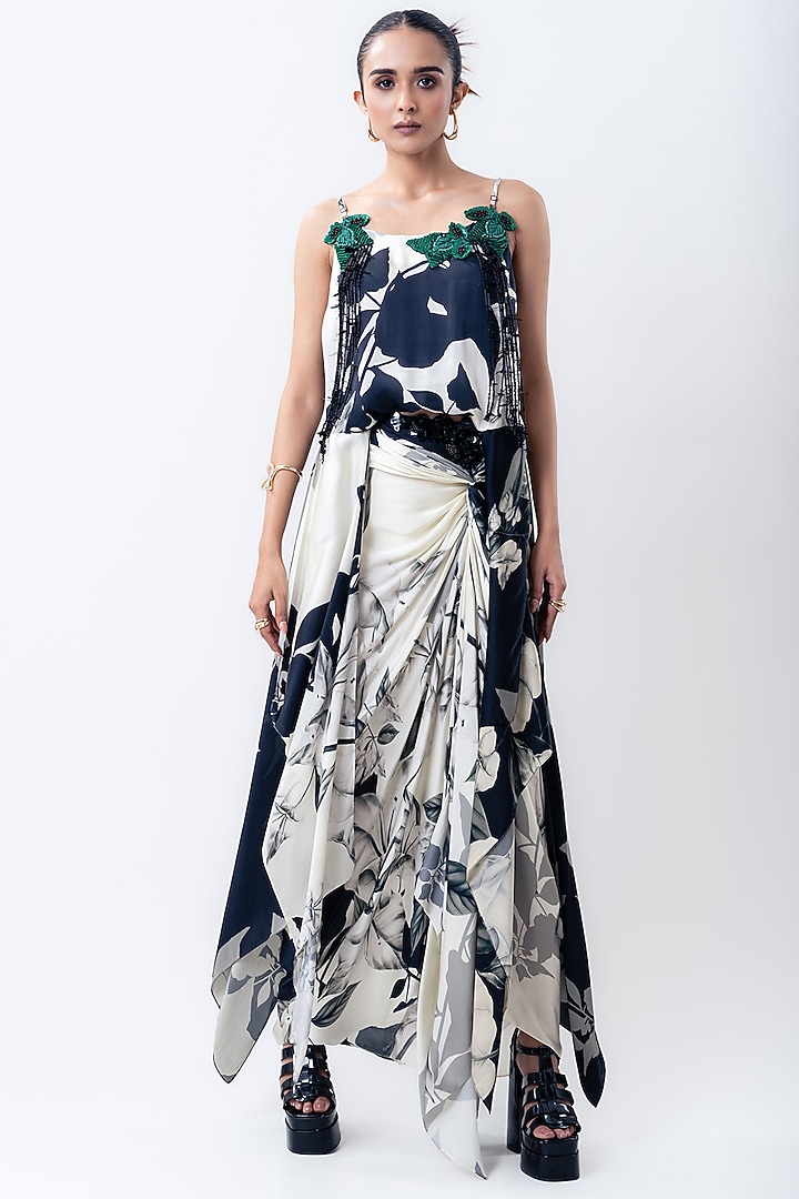 Off-White Satin Printed Skirt Set by Nupur Kanoi at Pernia's Pop Up Shop