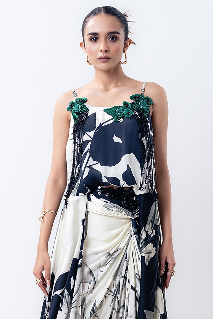 Off-White Satin Printed Skirt Set by Nupur Kanoi at Pernia's Pop Up Shop