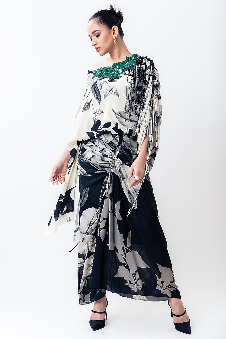 Off-White & Black Crepe Printed Cocktail Dress by Nupur Kanoi at Pernia's Pop Up Shop