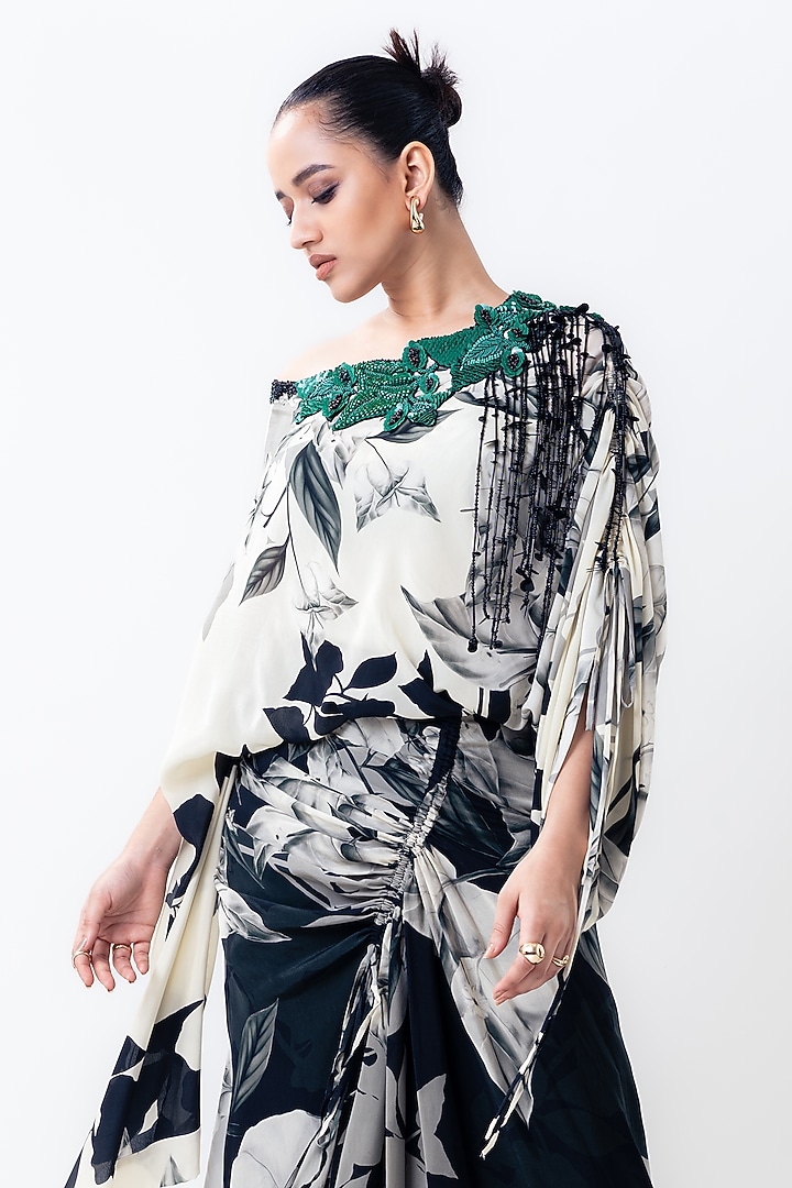 Off-White & Black Crepe Printed Cocktail Dress by Nupur Kanoi at Pernia's Pop Up Shop