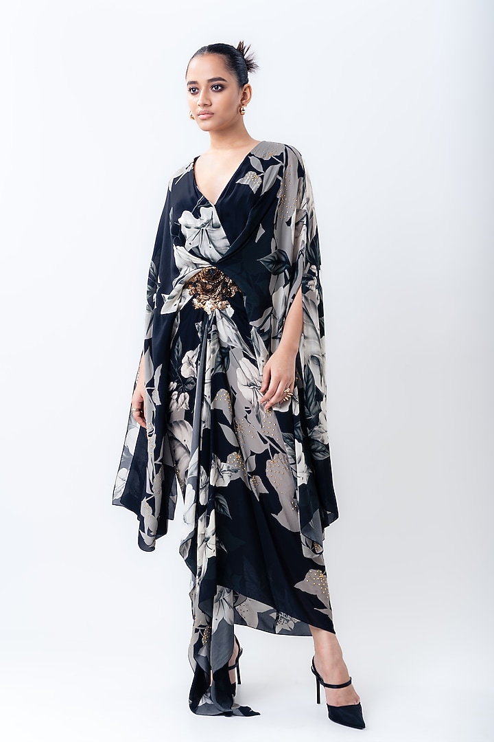 Black Crepe Printed Kaftan Dress by Nupur Kanoi at Pernia's Pop Up Shop
