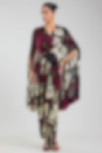 Burgundy Crepe Printed Kaftan Cocktail Dress by Nupur Kanoi at Pernia's Pop Up Shop