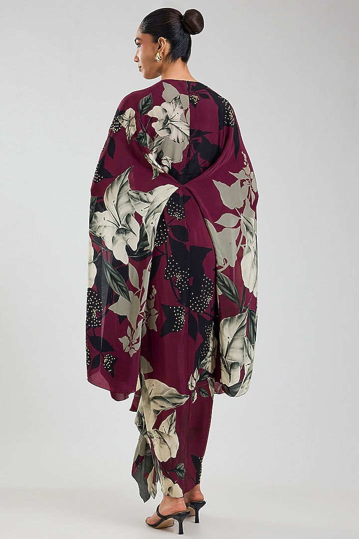 Burgundy Crepe Printed Kaftan Cocktail Dress by Nupur Kanoi at Pernia's Pop Up Shop