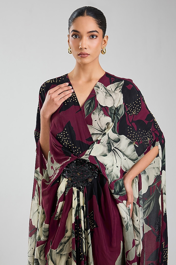 Burgundy Crepe Printed Kaftan Cocktail Dress by Nupur Kanoi at Pernia's Pop Up Shop
