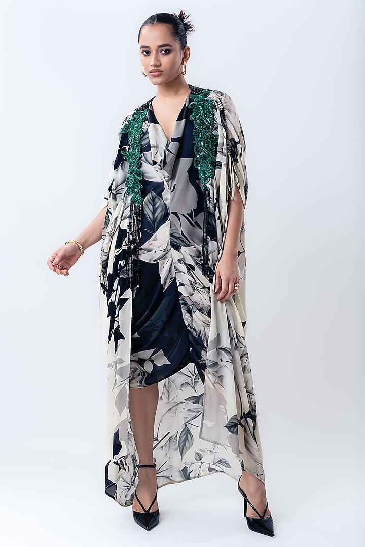 Black & Off-White Crepe Printed Jacket Party Wear Dress by Nupur Kanoi at Pernia's Pop Up Shop