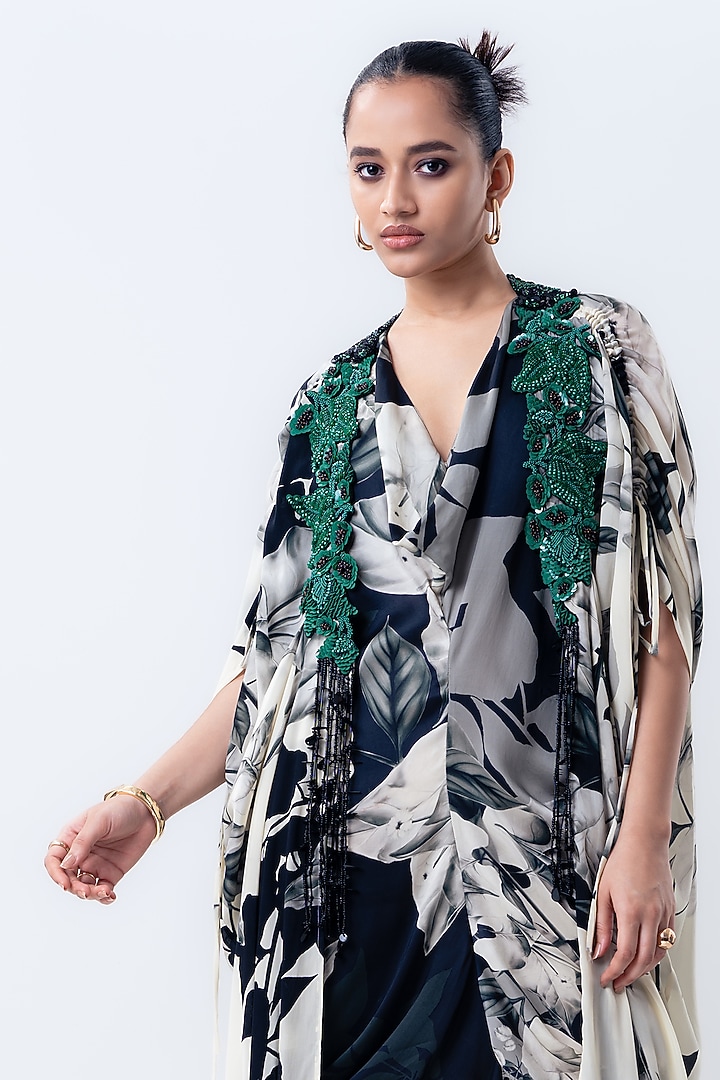 Black & Off-White Crepe Printed Jacket Party Wear Dress by Nupur Kanoi at Pernia's Pop Up Shop