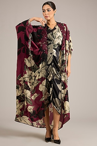 Black Satin Printed Cowl Dress With Jacket by Nupur Kanoi