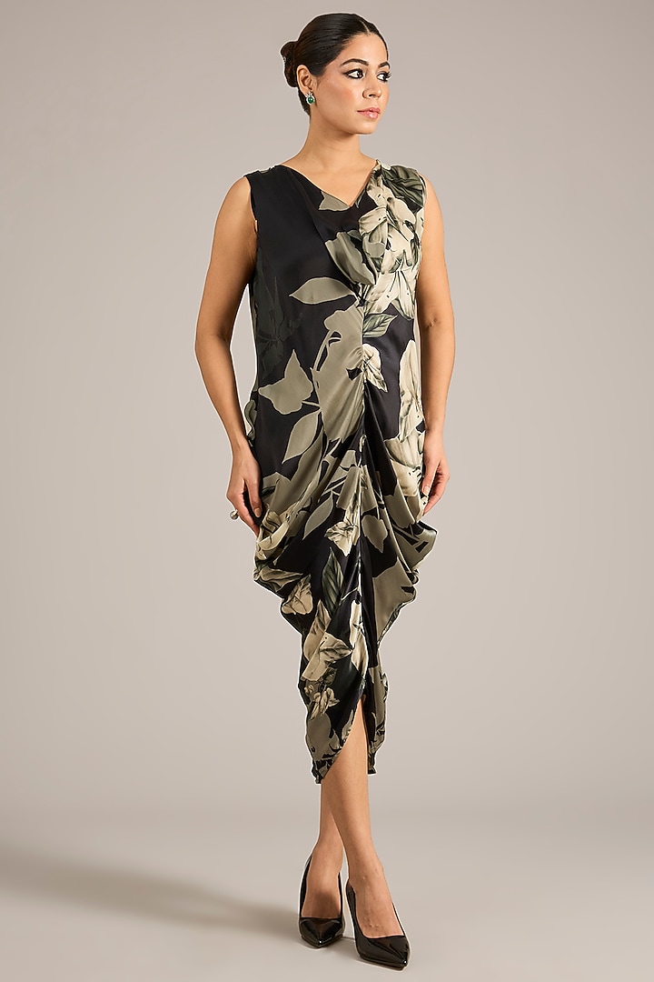 Black Satin Printed Cowl Party Wear Dress With Jacket by Nupur Kanoi at Pernia's Pop Up Shop