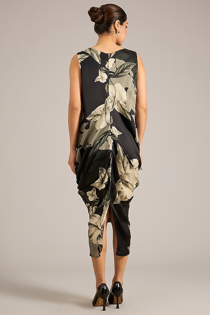 Black Satin Printed Cowl Party Wear Dress With Jacket by Nupur Kanoi at Pernia's Pop Up Shop