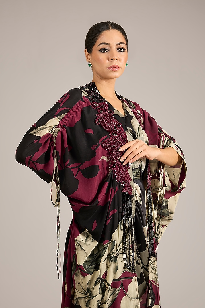 Black Satin Printed Cowl Party Wear Dress With Jacket by Nupur Kanoi at Pernia's Pop Up Shop