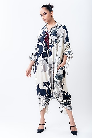 Off-White Silk Printed Shirt Dress by Nupur Kanoi
