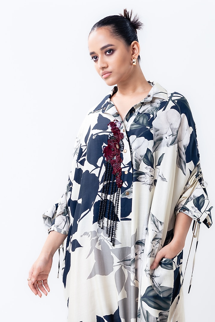 Off-White Silk Printed Shirt Cocktail Dress by Nupur Kanoi at Pernia's Pop Up Shop