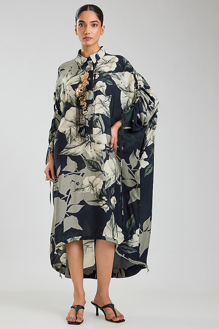 Black Silk Printed Cocktail Shirt Dress by Nupur Kanoi at Pernia's Pop Up Shop