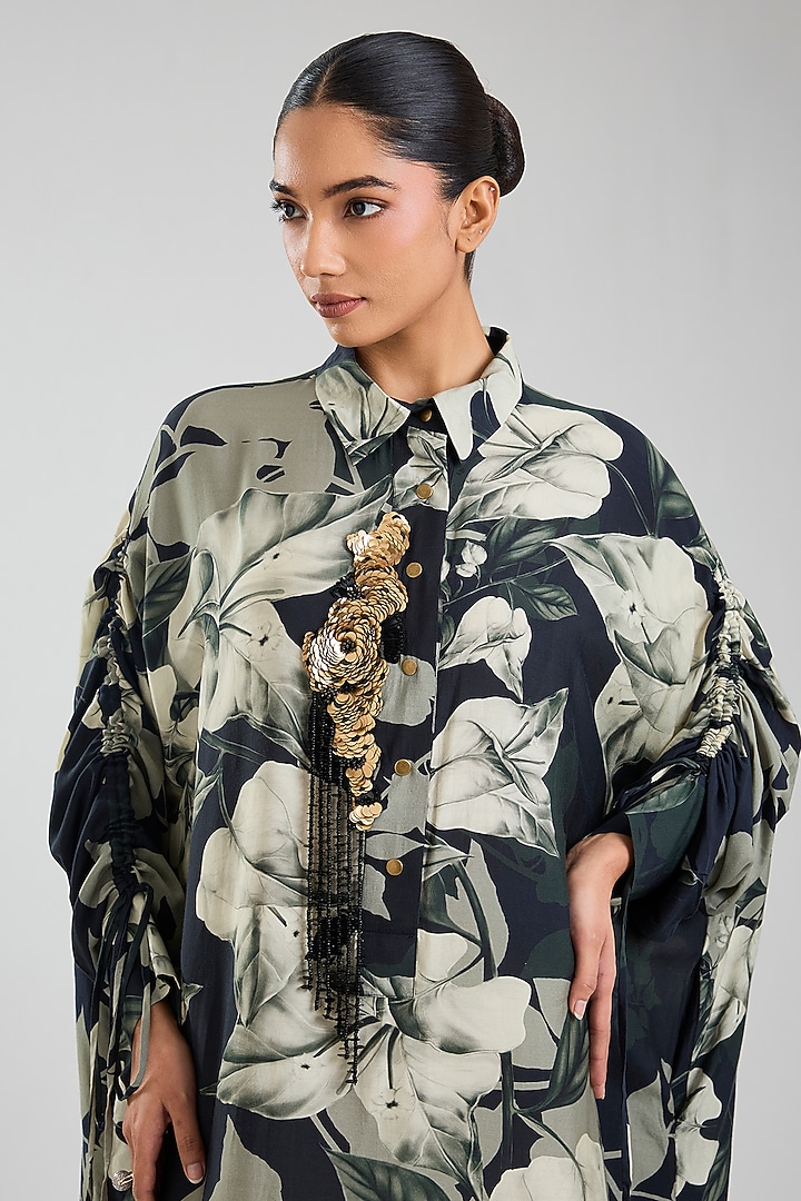 Black Silk Printed Cocktail Shirt Dress by Nupur Kanoi at Pernia's Pop Up Shop