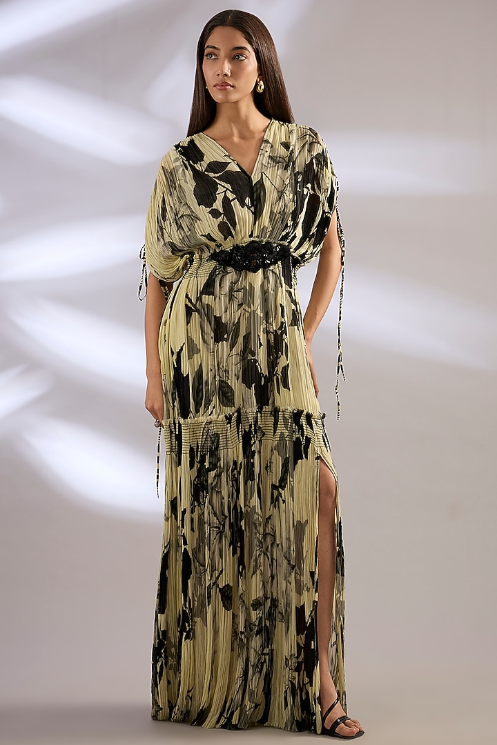 Off-White Chiffon Printed Tiered Maxi Party Wear Dress by Nupur Kanoi at Pernia's Pop Up Shop