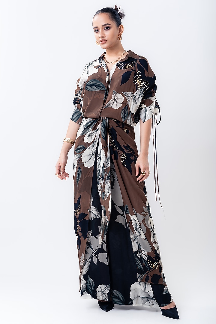 Brown Crepe Printed Maxi Knotted Cocktail Dress by Nupur Kanoi at Pernia's Pop Up Shop