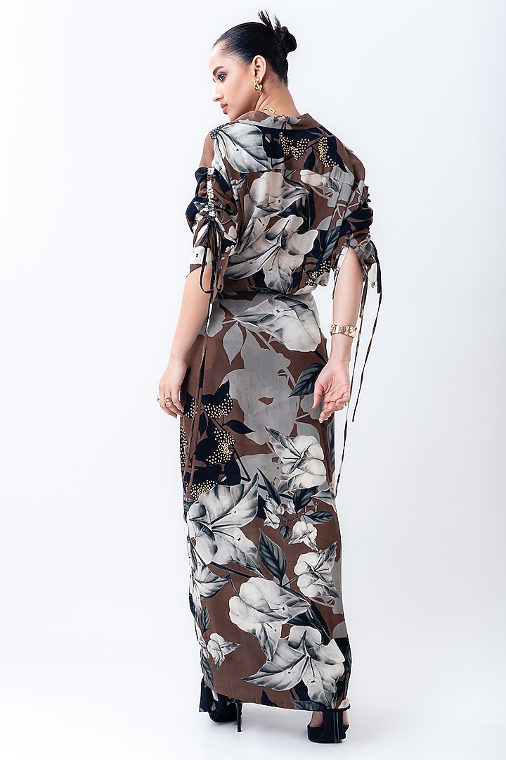 Brown Crepe Printed Maxi Knotted Cocktail Dress by Nupur Kanoi at Pernia's Pop Up Shop