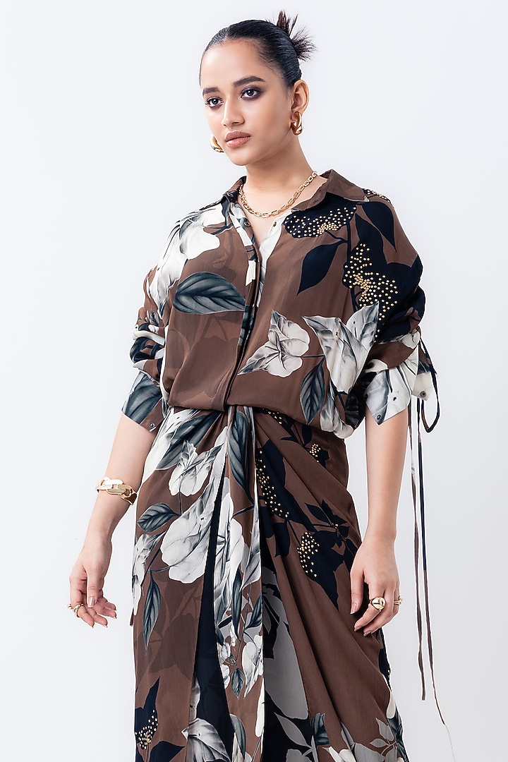Brown Crepe Printed Maxi Knotted Cocktail Dress by Nupur Kanoi at Pernia's Pop Up Shop