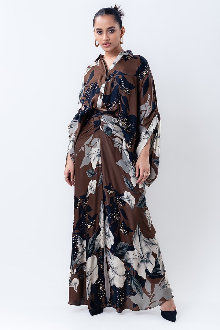 Brown Satin Printed Skirt Set by Nupur Kanoi at Pernia's Pop Up Shop