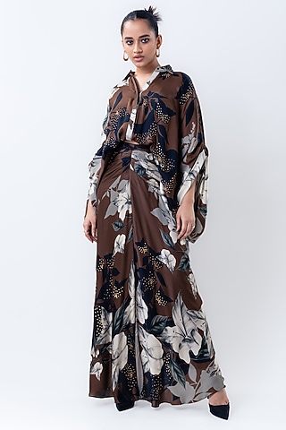 Brown Satin Printed Skirt Set by Nupur Kanoi