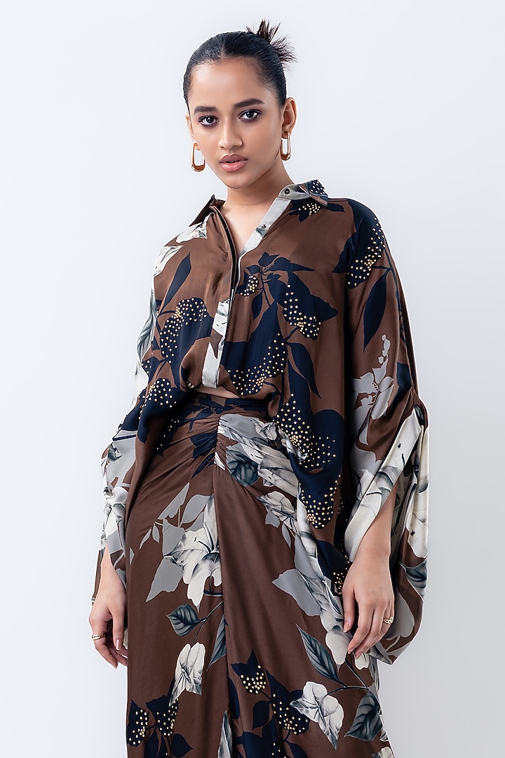 Brown Satin Printed Skirt Set by Nupur Kanoi at Pernia's Pop Up Shop