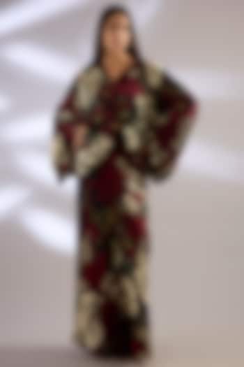 Burgundy Satin Printed Fish-Style Skirt Set by Nupur Kanoi at Pernia's Pop Up Shop