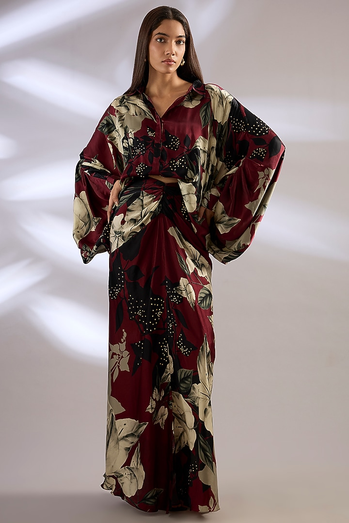 Burgundy Satin Printed Fish-Style Skirt Set by Nupur Kanoi at Pernia's Pop Up Shop
