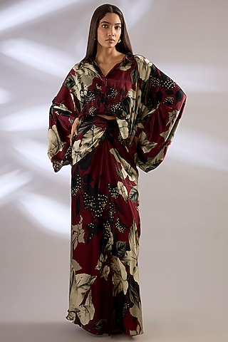 Burgundy Satin Printed Fish-Style Skirt Set by Nupur Kanoi