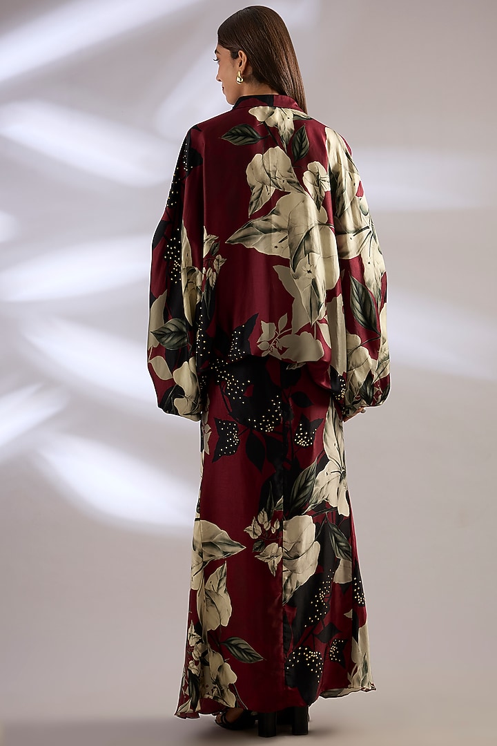 Burgundy Satin Printed Fish-Style Skirt Set by Nupur Kanoi at Pernia's Pop Up Shop