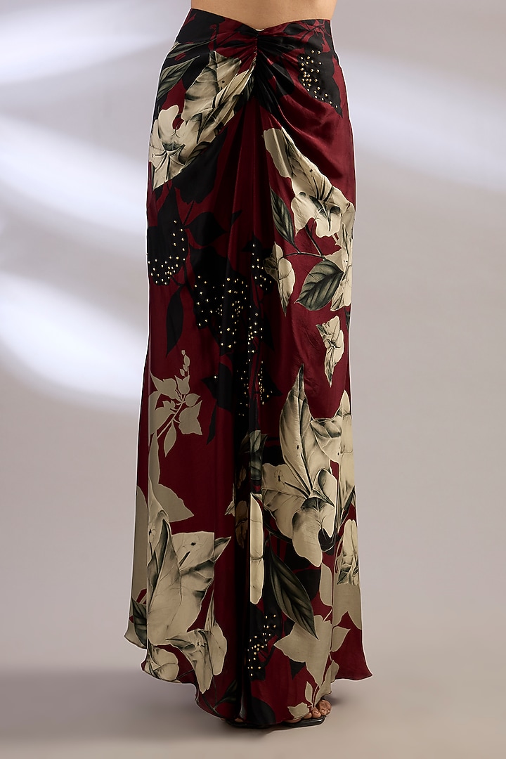 Burgundy Satin Printed Fish-Style Skirt Set by Nupur Kanoi at Pernia's Pop Up Shop
