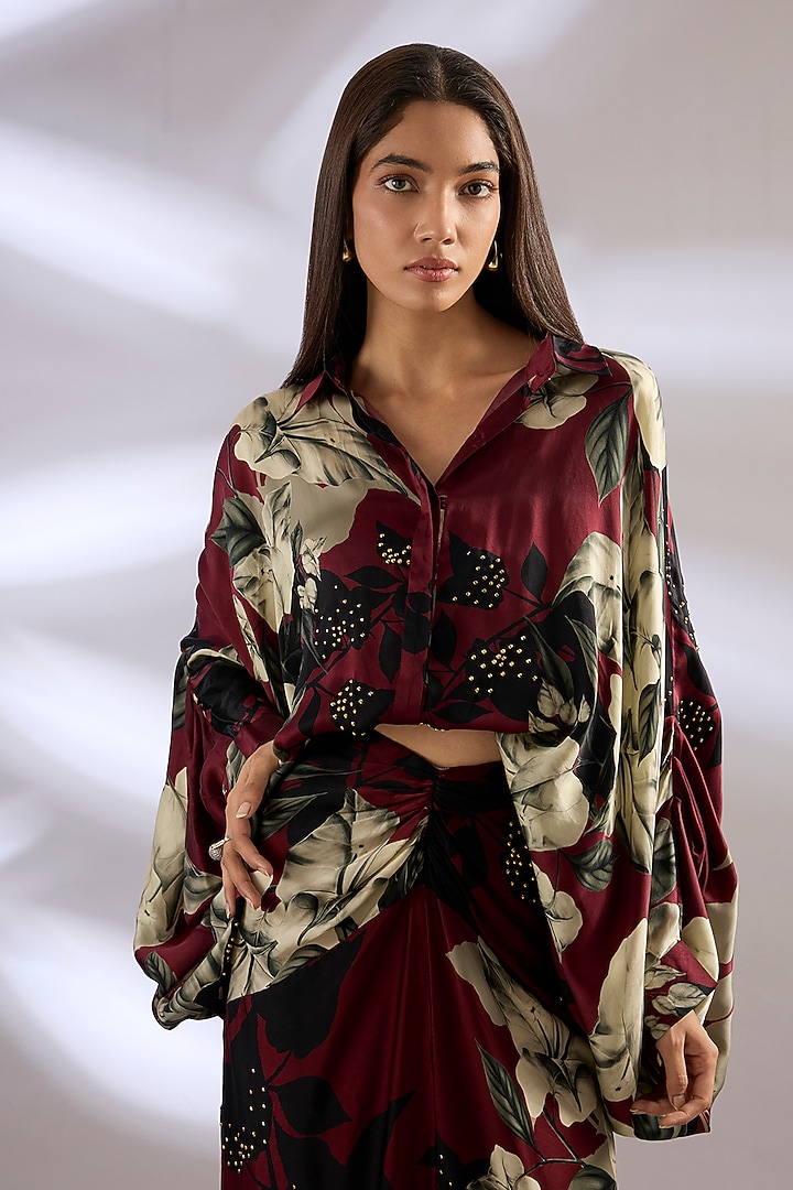 Burgundy Satin Printed Fish-Style Skirt Set by Nupur Kanoi at Pernia's Pop Up Shop