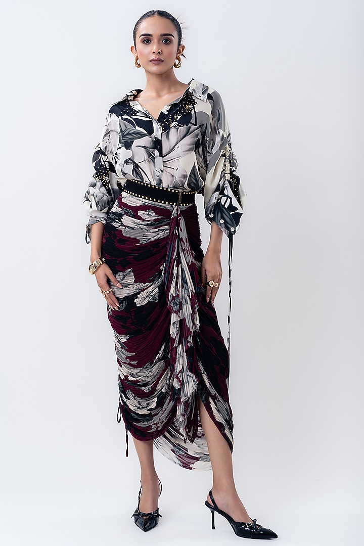 Burgundy Crepe & Chiffon Printed Skirt Set by Nupur Kanoi at Pernia's Pop Up Shop