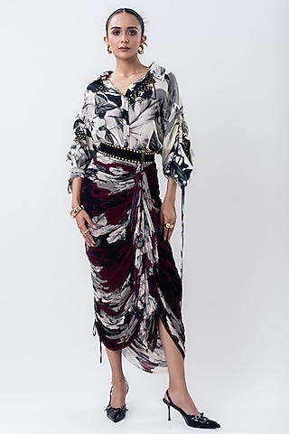 Burgundy Crepe & Chiffon Printed Skirt Set by Nupur Kanoi