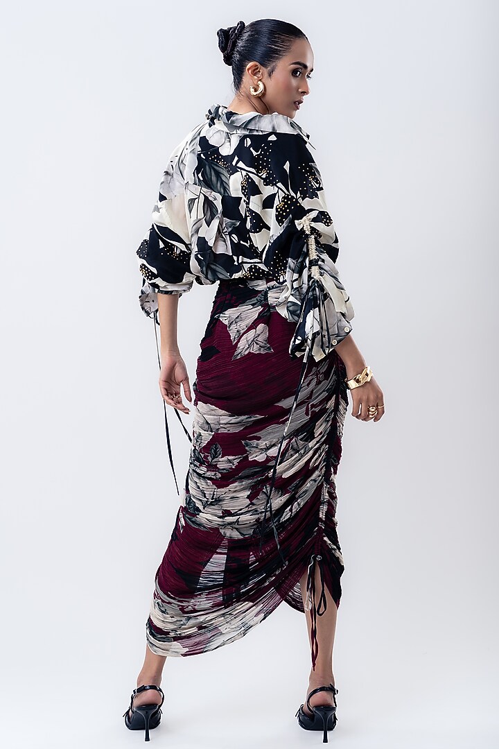 Burgundy Crepe & Chiffon Printed Skirt Set by Nupur Kanoi at Pernia's Pop Up Shop