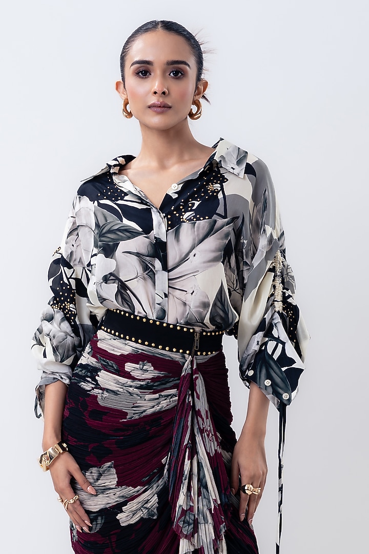 Burgundy Crepe & Chiffon Printed Skirt Set by Nupur Kanoi at Pernia's Pop Up Shop