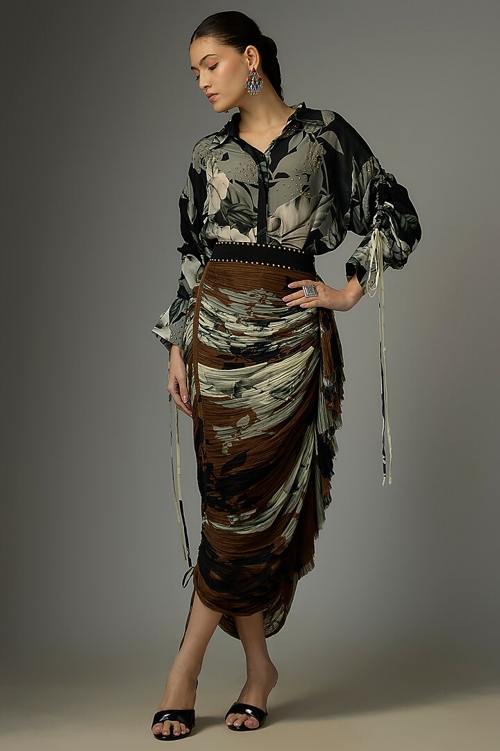 Black & Brown Crepe & Chiffon Printed Skirt Set by Nupur Kanoi at Pernia's Pop Up Shop