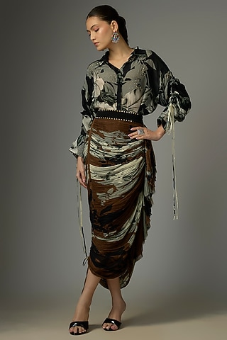 Black & Brown Crepe & Chiffon Printed Skirt Set by Nupur Kanoi