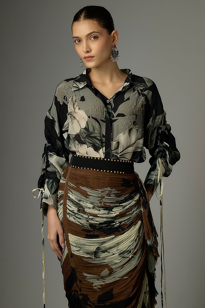 Black & Brown Crepe & Chiffon Printed Skirt Set by Nupur Kanoi at Pernia's Pop Up Shop