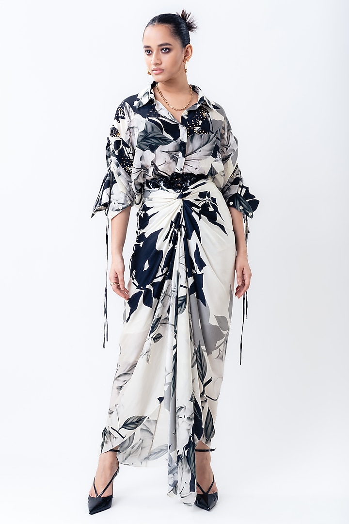 Off-White Crepe & Satin Printed Skirt Set by Nupur Kanoi at Pernia's Pop Up Shop
