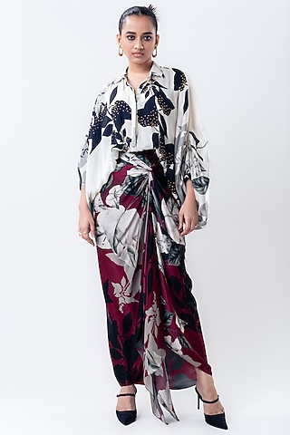 Burgundy Satin Printed Skirt Set by Nupur Kanoi