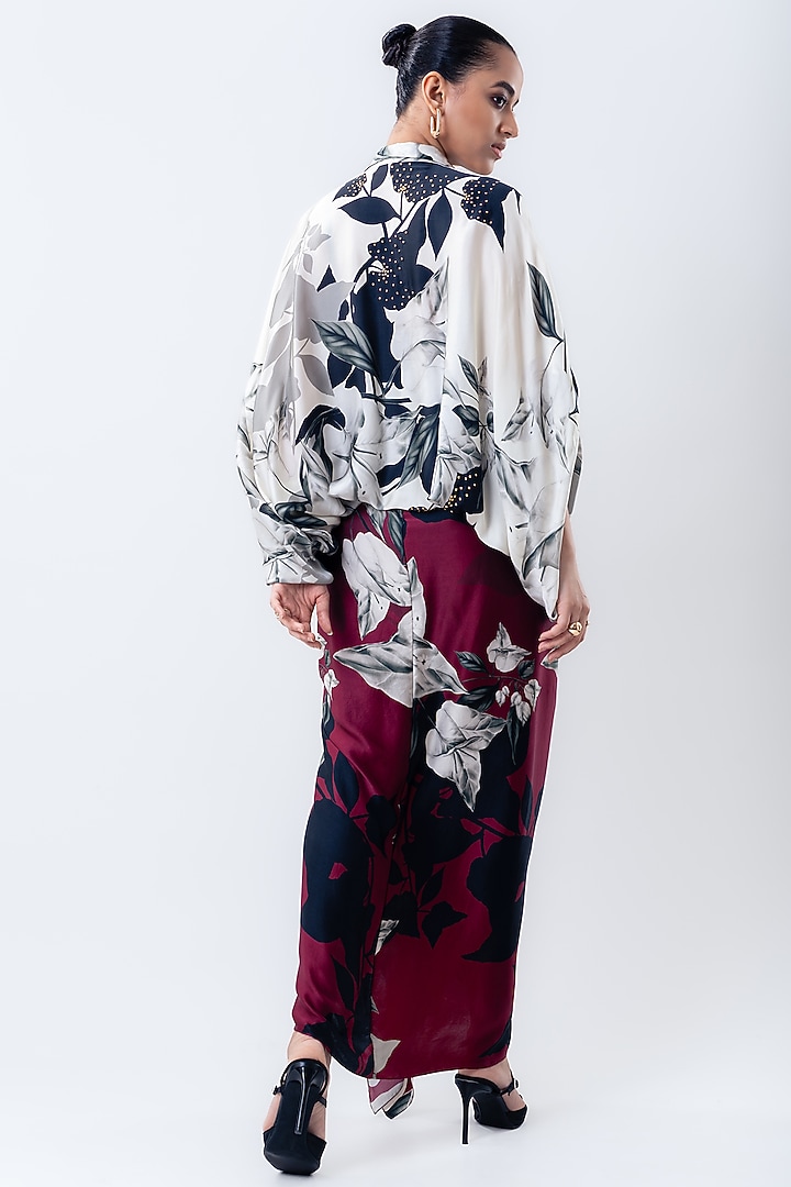 Burgundy Satin Printed Skirt Set by Nupur Kanoi at Pernia's Pop Up Shop