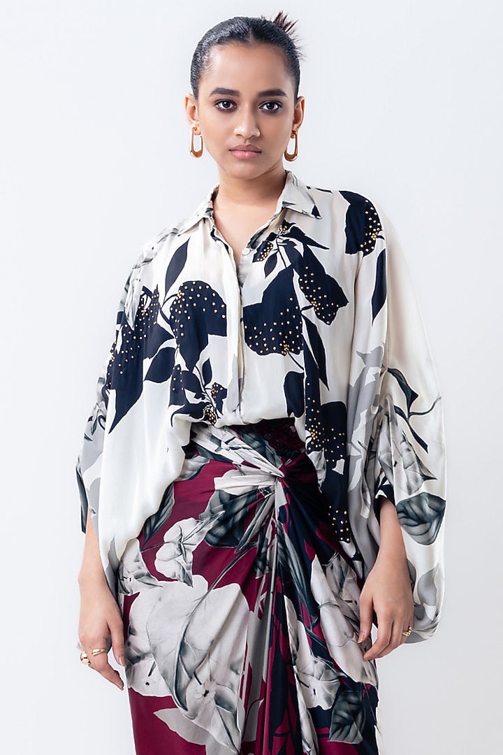 Burgundy Satin Printed Skirt Set by Nupur Kanoi at Pernia's Pop Up Shop